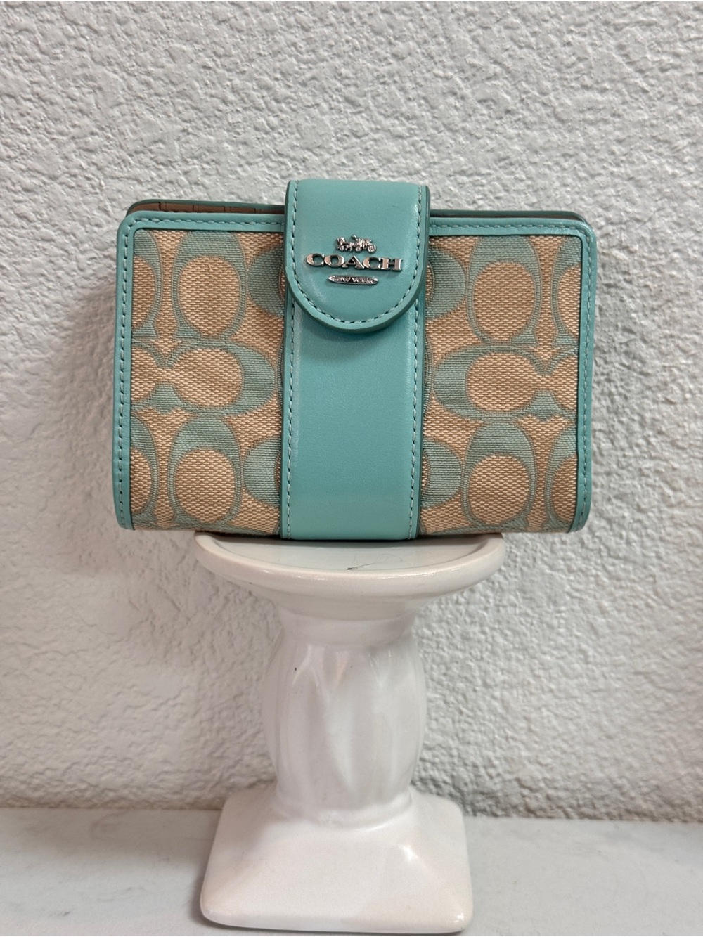 Coach Aqua Trim Canvas Wallet with Signature Logo